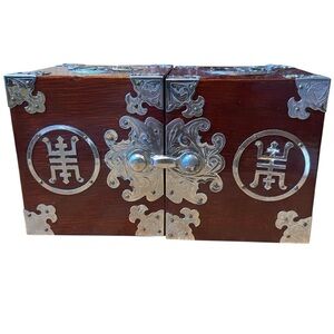 Vintage Jewelry Chinese Korean Trinket Folding Box Wood Metal Good Luck